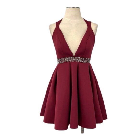 ASOS Fit & Flare Mini Dress 8 Cocktail Plunge V Neck Skater Embellished Burgundy - Picture 1 of 11